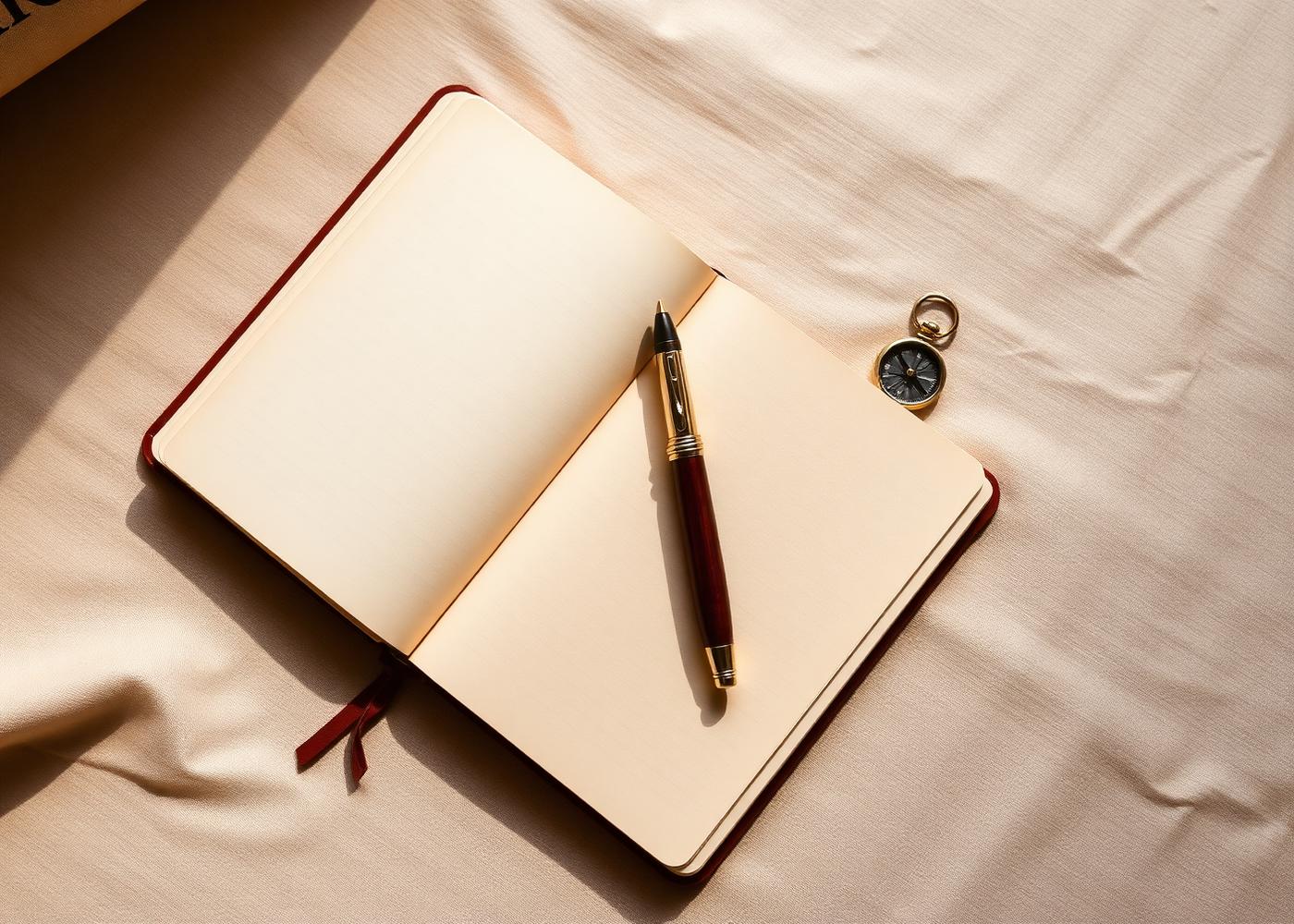 Caderno aberto com caneta-tinteiro e bússola sobre linho