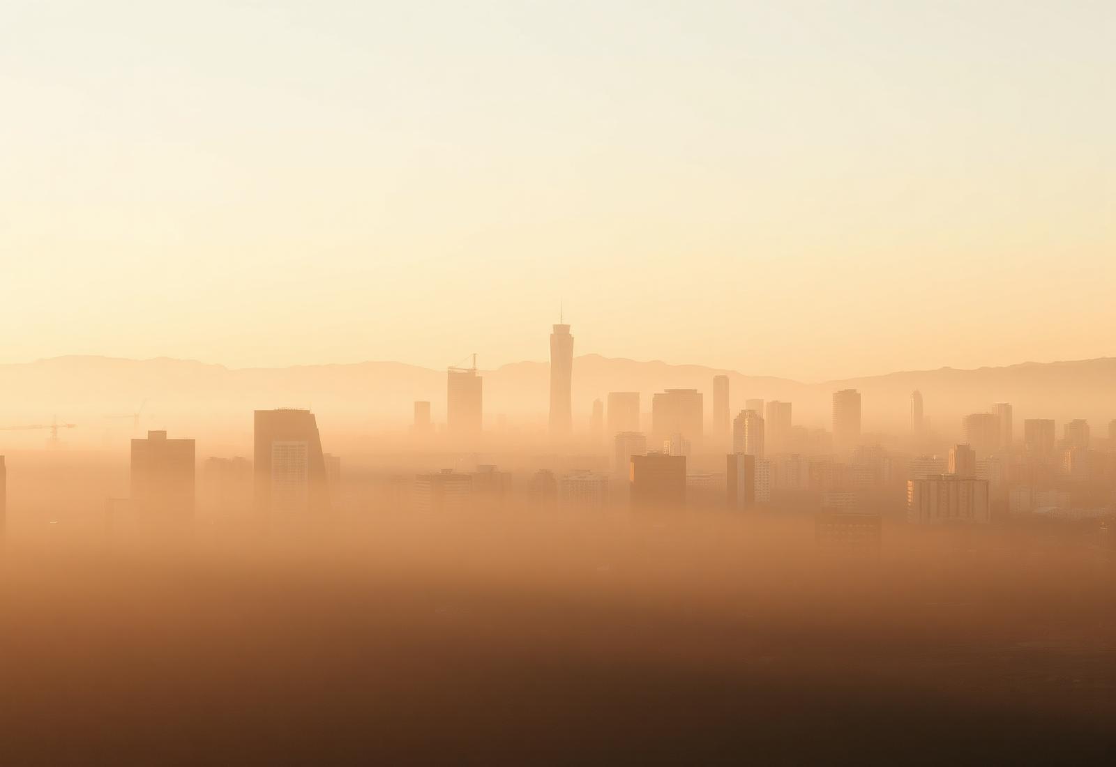Skyline em luz dourada com bruma